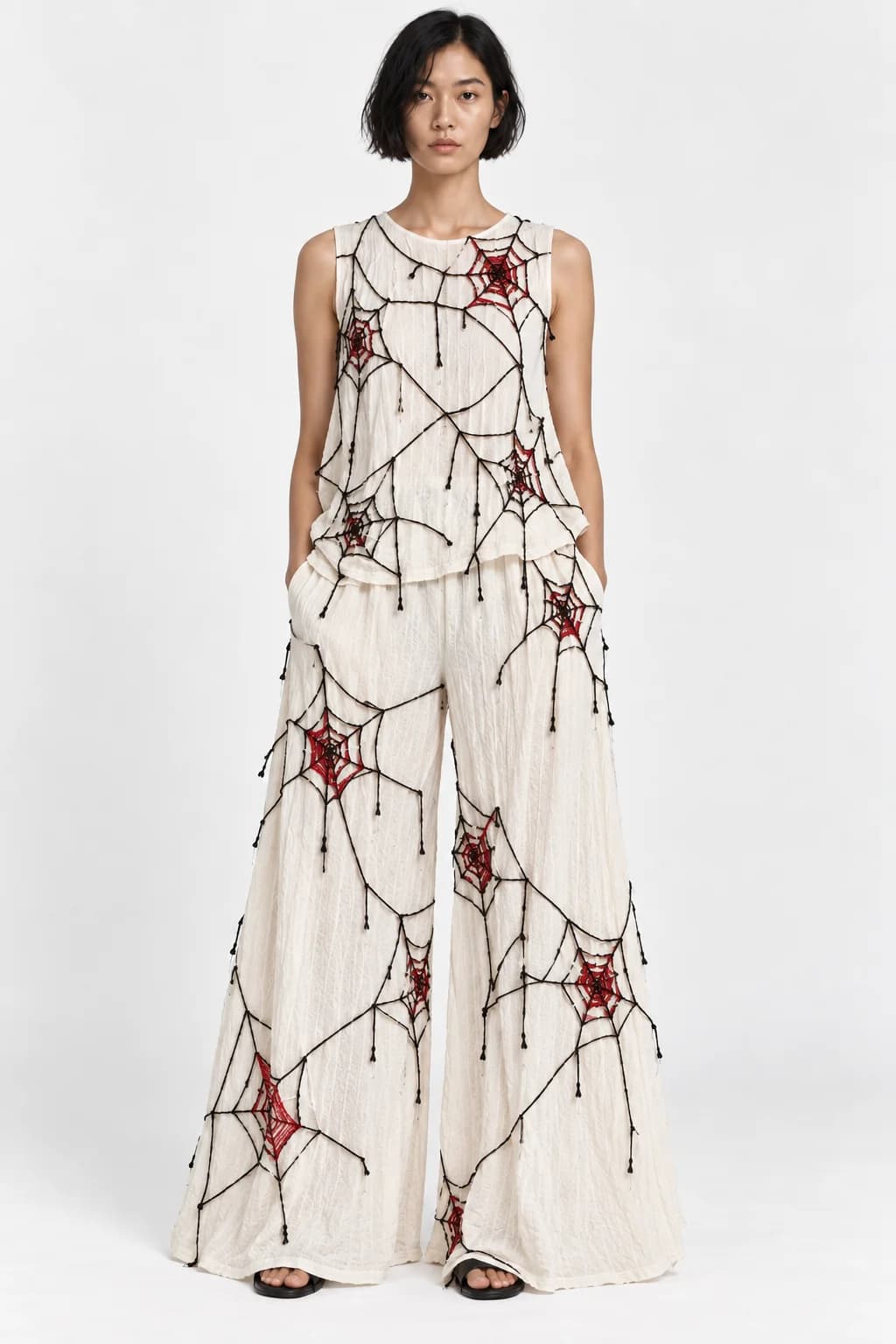 Spiderweb Embroidered Gauze Top & Trouser Set