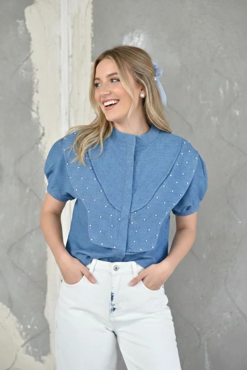 Denim Pearl Top