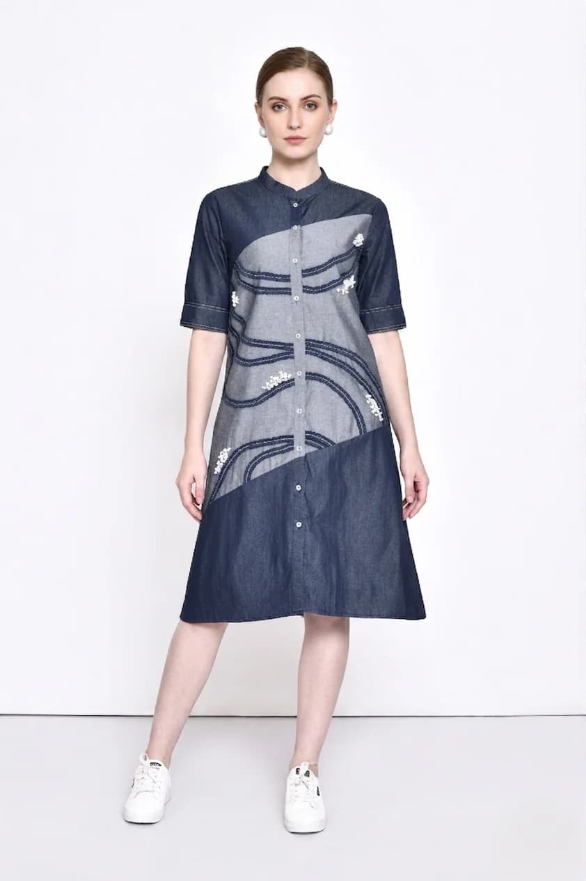 Denim Dress with Pearls